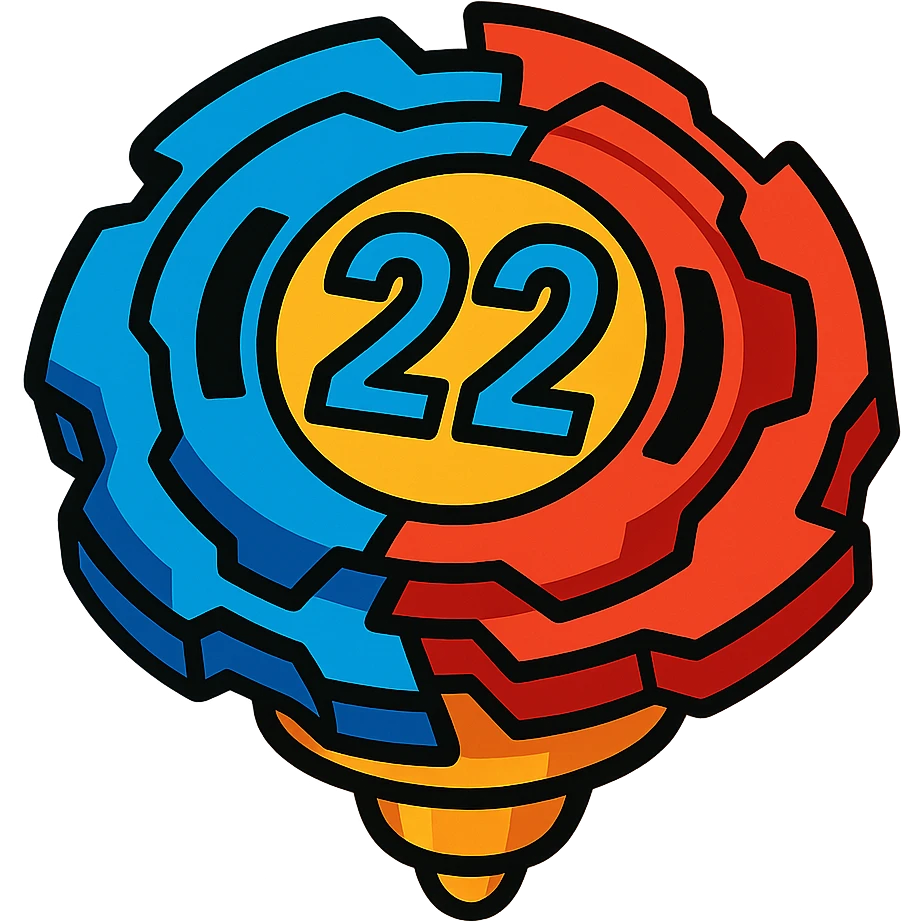 beyblade half sky blue and half red with the number 22, vibrant cartoon illustration style emoji