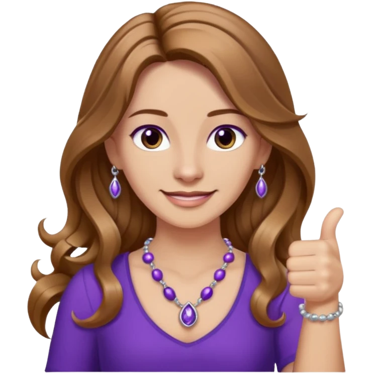 lady with long wavy русые hair, purple top, карие eyes, thumbs up, с бусами белые и серебром на шее emoji