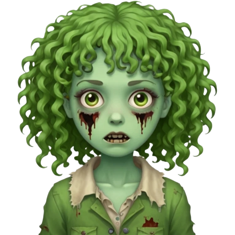 Green zombie emoji girl with curly hair, with curly bangs emoji