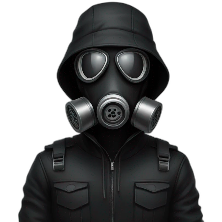 An poker face man with black hair and a black gasmask and black clothes emoji