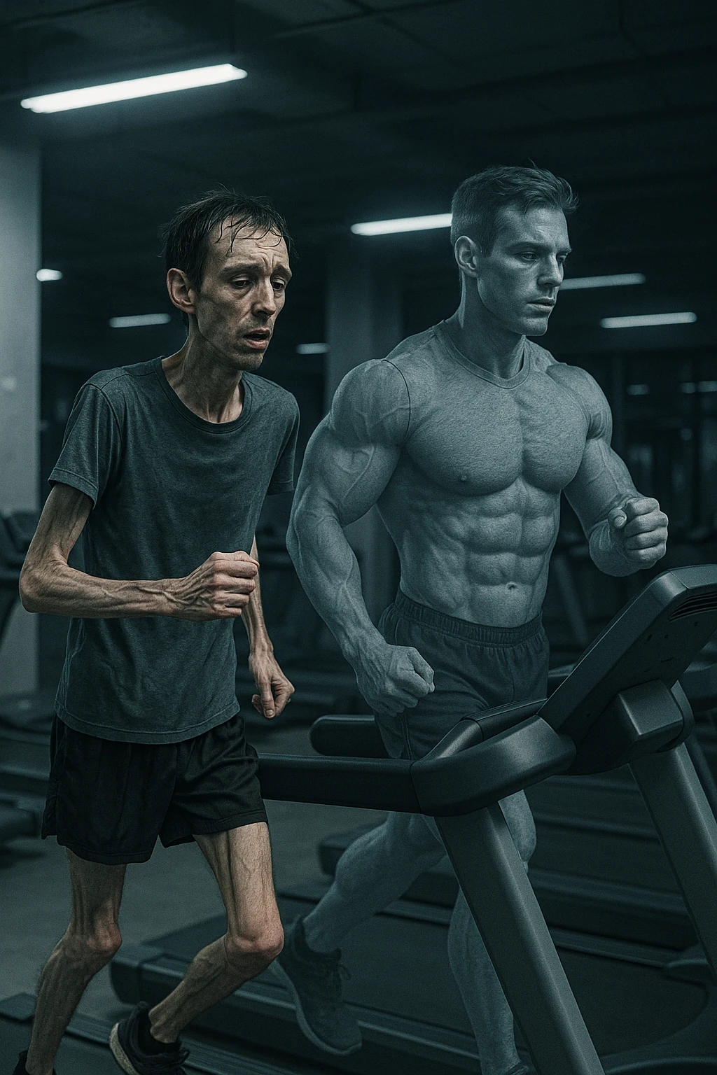 Uomo magro e affaticato che corre su tapis roulant in una palestra. I muscoli delle braccia e delle gambe appaiono ridotti e svuotati, come se stesse perdendo massa muscolare. Espressione stanca sul volto, con accanto una figura trasparente di sé stesso più muscolosa a confronto. Luci fredde e atmosfera di sovrallenamento. in italiano emoji