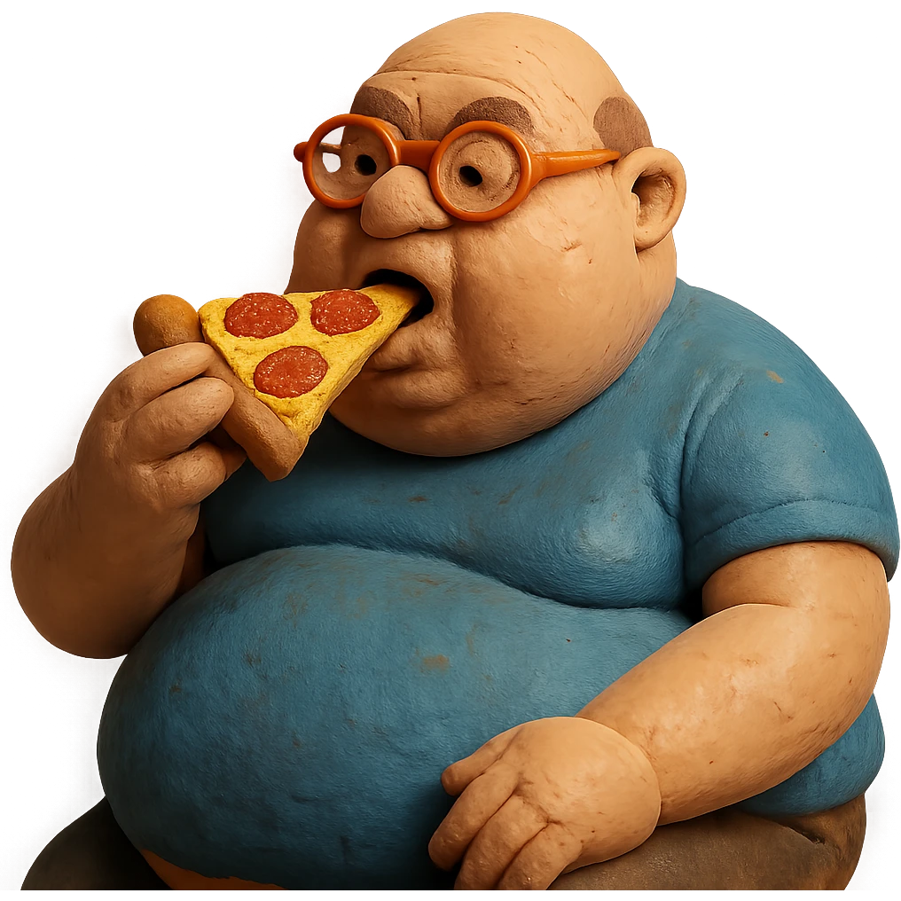 claymation style of a very fat bald man with glasses eating pizza emoji