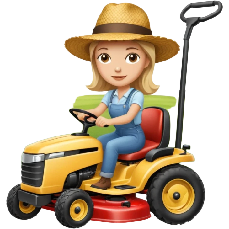 White woman without glasses wearing a straw hat, on old Westwood ride on lawn mower.  emoji