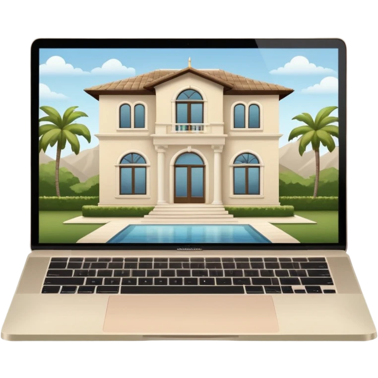 
light beige open macbook sideways with luxury villa on screensaver emoji