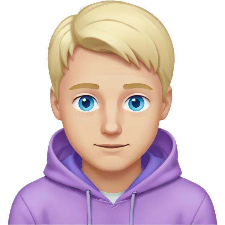 blonde man with blue eyes, lilac hoodie, winking emoji
