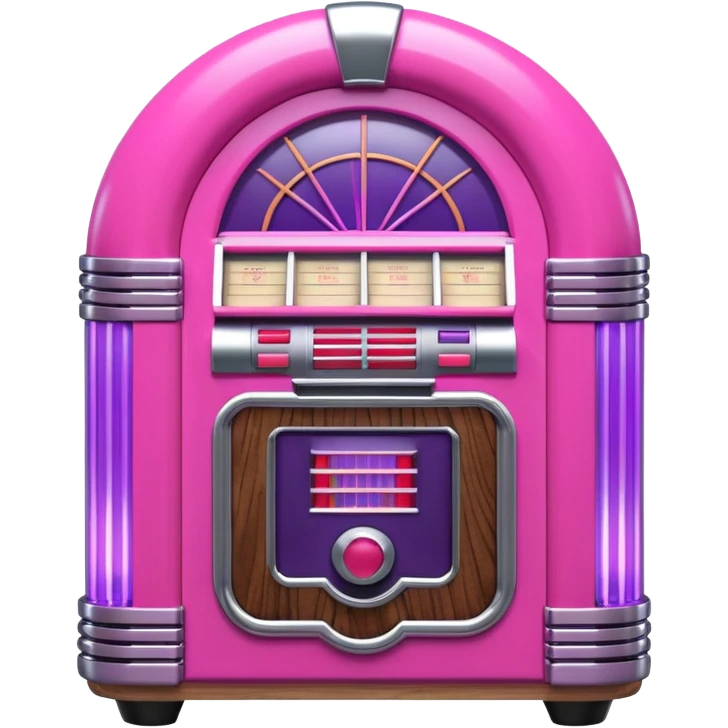 3D render of Jukebox, vintage 1980s audio equipment aesthetic, tactile analog buttons, neon pink and purple light tubes with chrome trim, mixed wood grain and brushed aluminum textures, Apple emoji style, isolated on white background --v 6.0 emoji