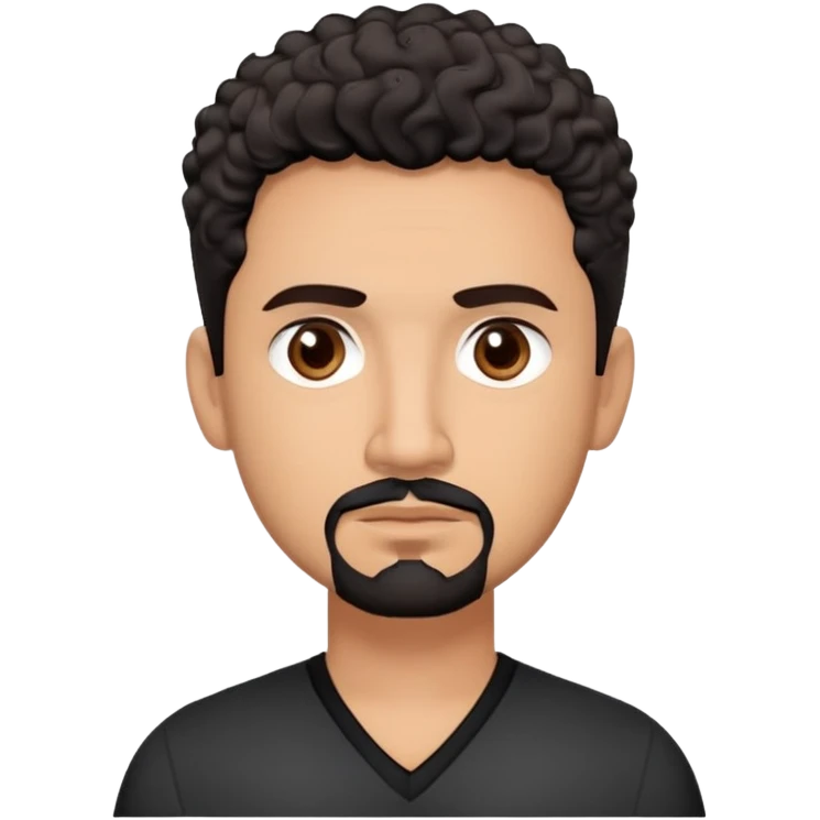 Latino theatre director with light cinnamon skin. Structured face with defined features. Critical dark brown eyes. Thoughtful expression. Well-groomed black goatee with some gray. Short curly dark hair. Wearing a black V-neck shirt with minimal design. emoji