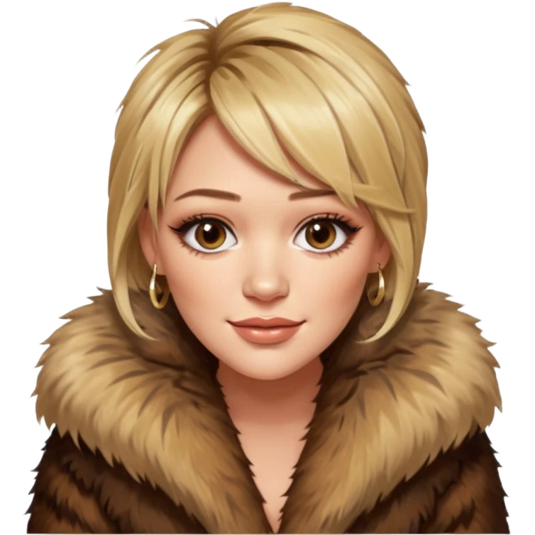 cinematic realistic ultra HD glamorous extremely made up Hilary Duff extremely skinny in a shaggy fur coat with bronze glow emoji