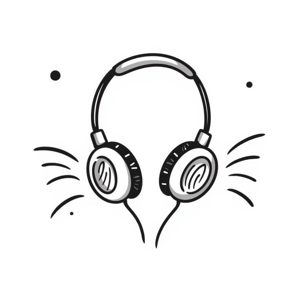 Hand-drawn sketch of DJ headphones with music waves emoji