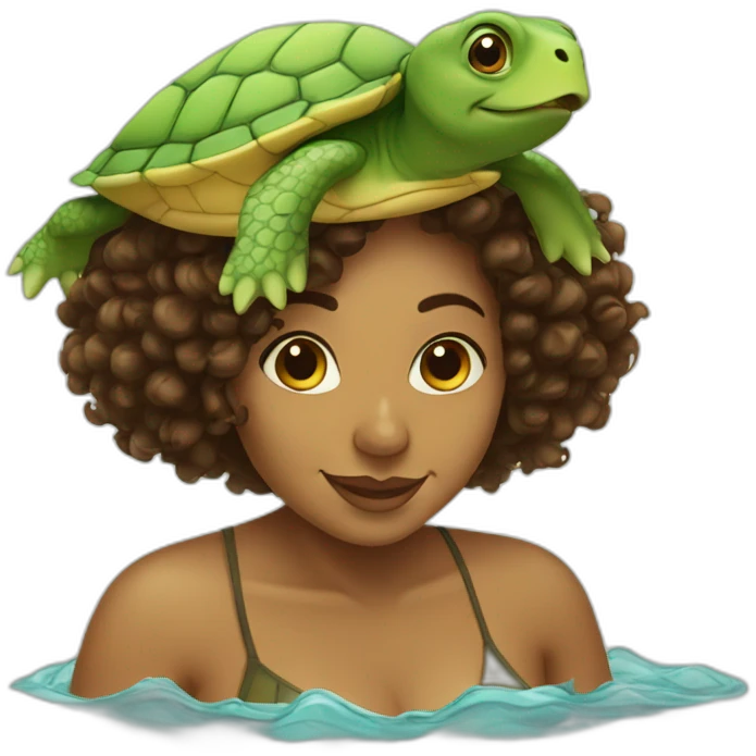 Indian woman with curly hair swimming with a turtle emoji