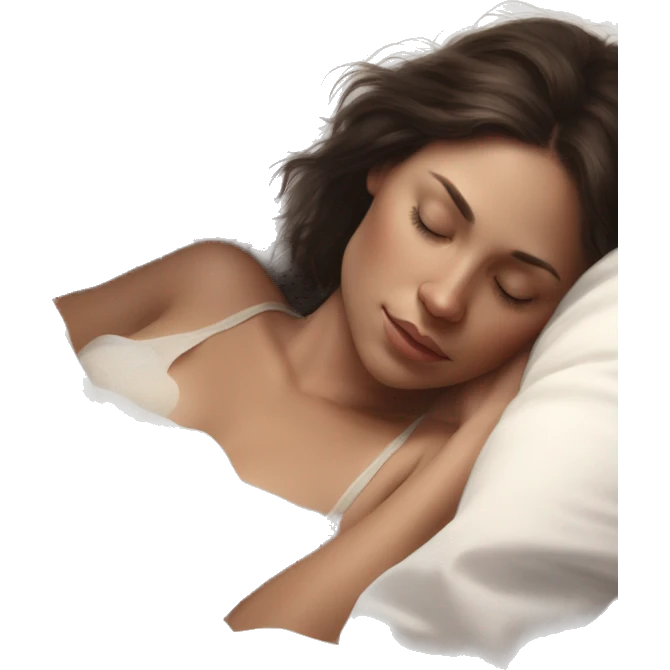 pretty brunette woman sleeping amongst white sheets semi realistic soft textures and ethereal glow emoji