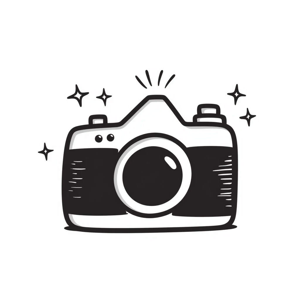 hand drawn doodle camera with sparkles and accents emoji