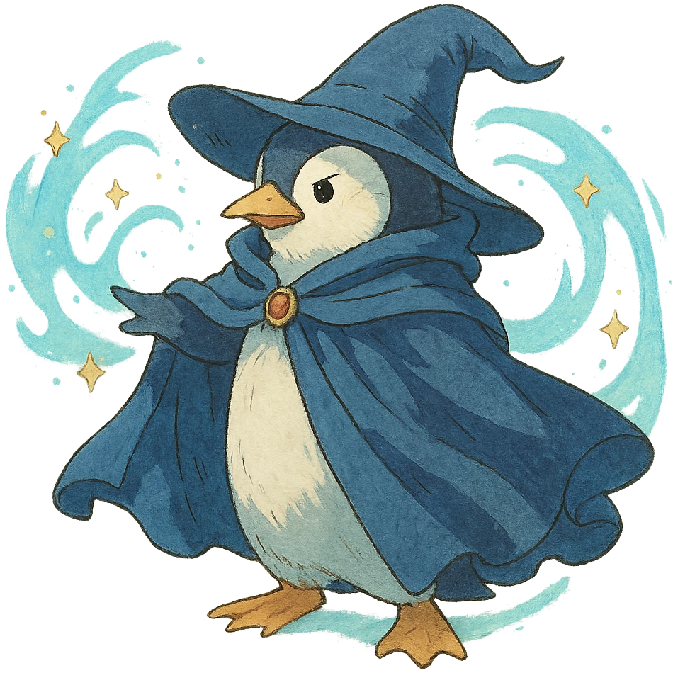 penguin wizard with a flowing cloak and magical aura emoji
