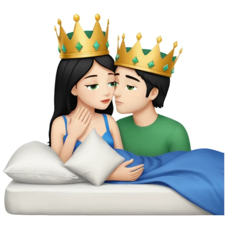Blonde Queen with crown, Green eyes, naked, kissing man, naked, no crown, black hair, blue eyes, whole Body, Background bed emoji