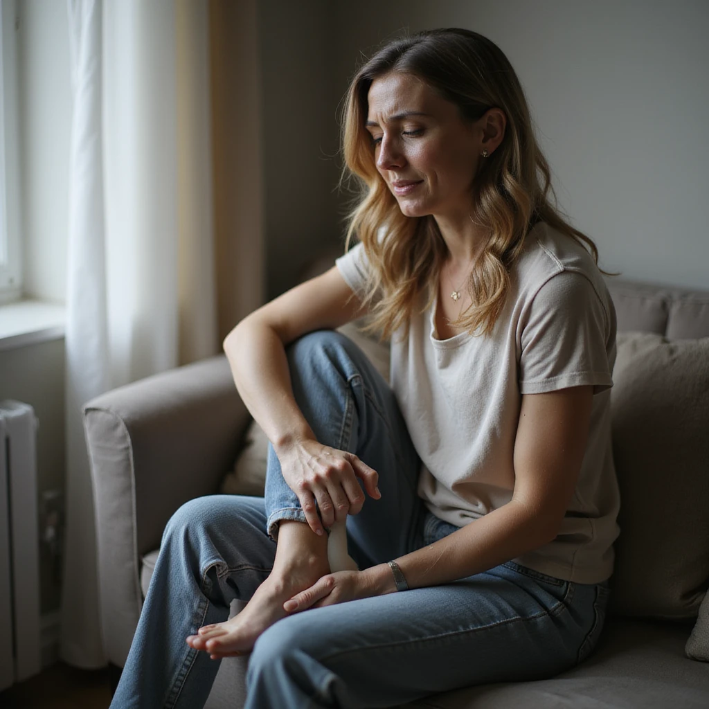 realistic 4K woman sitting on a bench, putting an orthotic insole into her shoe, showing relief expression, then massaging her foot with slight discomfort emoji