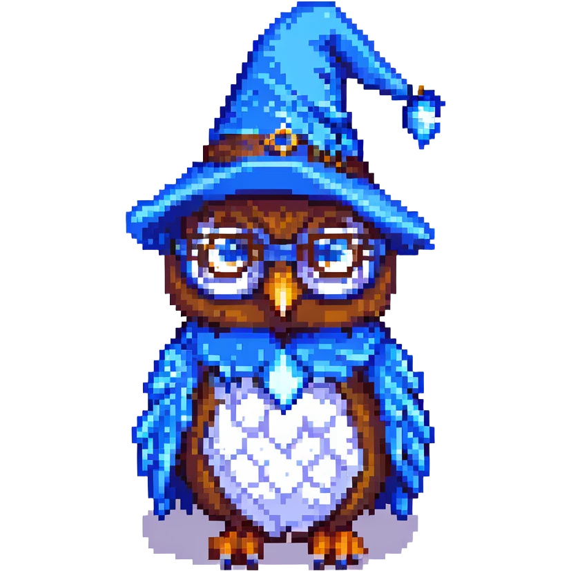 pixel art owl with a blue wizard hat and glasses emoji