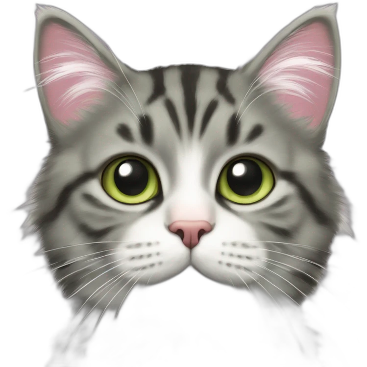 cat Tabby (Mainly black and gray) fluffy cat pink-nose light-green-eyes,-white-long-whiskers,-white-spots-near-the-nose emoji