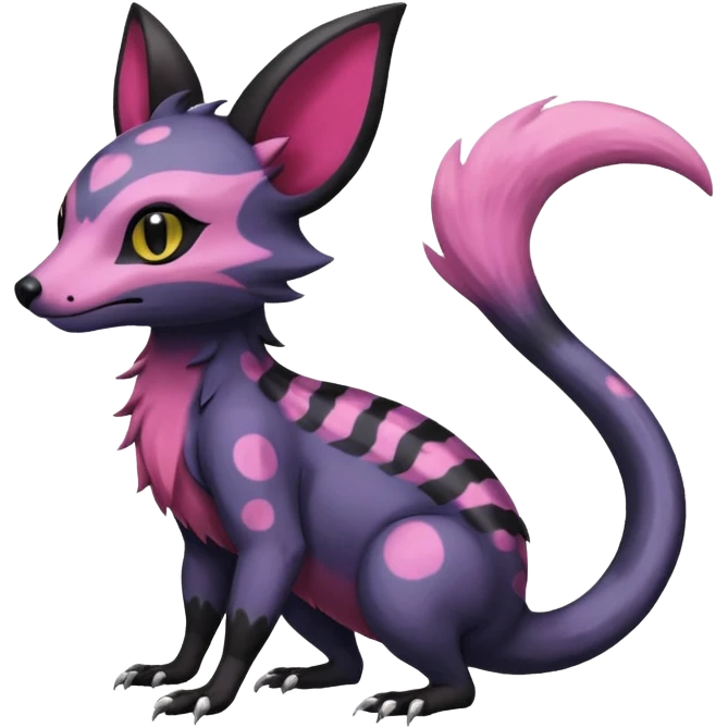 Rare epic aesthetic colorful Salandit-Noibat-Eevee-Civet-species-Fakemon-hybrid-creature, with markings, full body emoji