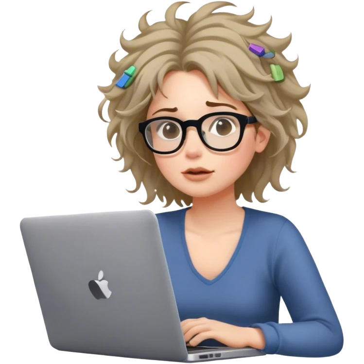A woman in glasses, a laptop on her lap, chaotic notes flying around, messy hair, three thought bubbles above her head. emoji