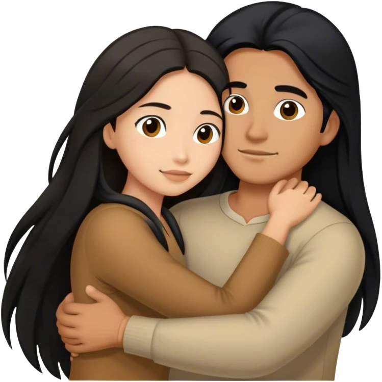 Brown Latino man with long black hair hugging brown hair Filipina emoji