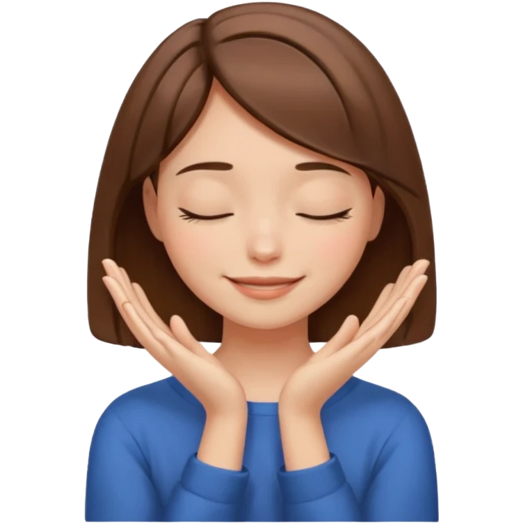 девушка с каре коричневыми волосами закрывает глаза руками и улыбается emoji