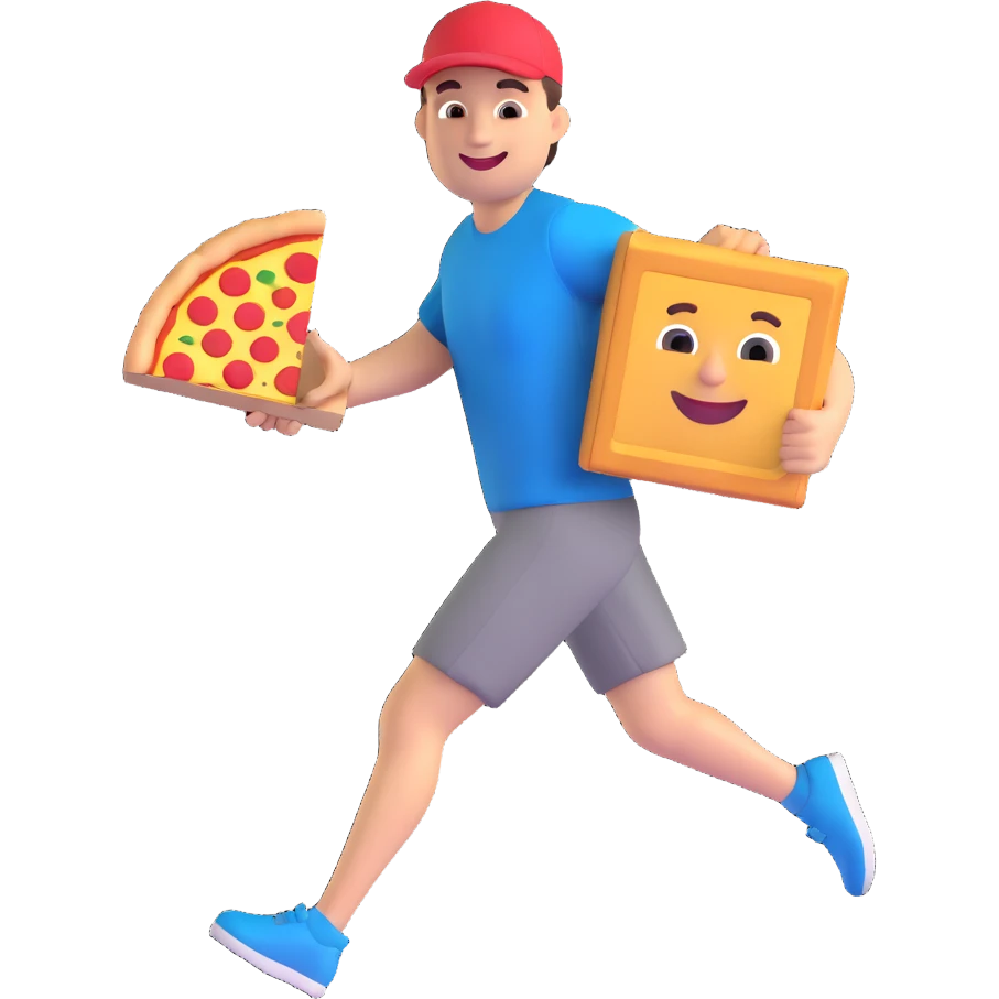 a man running with a pizza box in his hands, smiling, 3D emoji style emoji