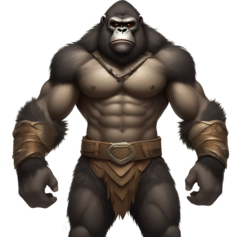Gorilla-like warrior, tan muscular body, fresh chest wound. Leather and fur armor, stern expression, shadowy wild setting. Muted colors, intense and primal atmosphere. emoji