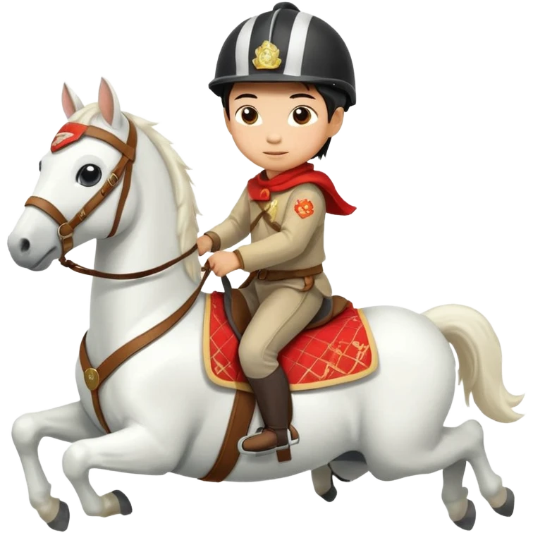 “A Chinese little boy is riding a cute white small horse, and the horse is running. The blanket on the saddle says ‘2026.’” emoji