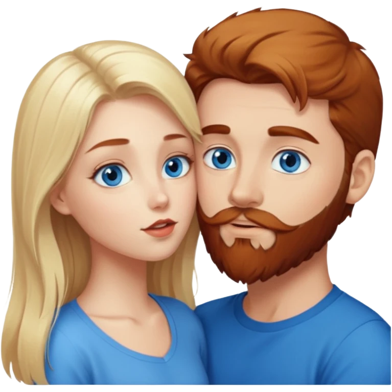 Long-pale-blonde hair, beautiful girl with blue eyes faceing-kissing reddish-brown hair and beard boy blue eyed white guy emoji