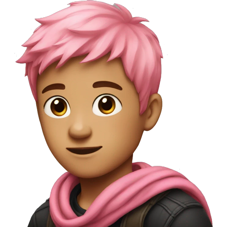 A boy with short pink hair and he it's using a red scarf and a black sueter emoji