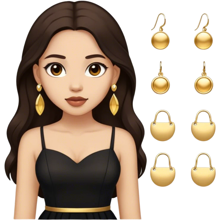 Beautiful woman,cute, long dark brown hair in dark dress with gold earrings emoji