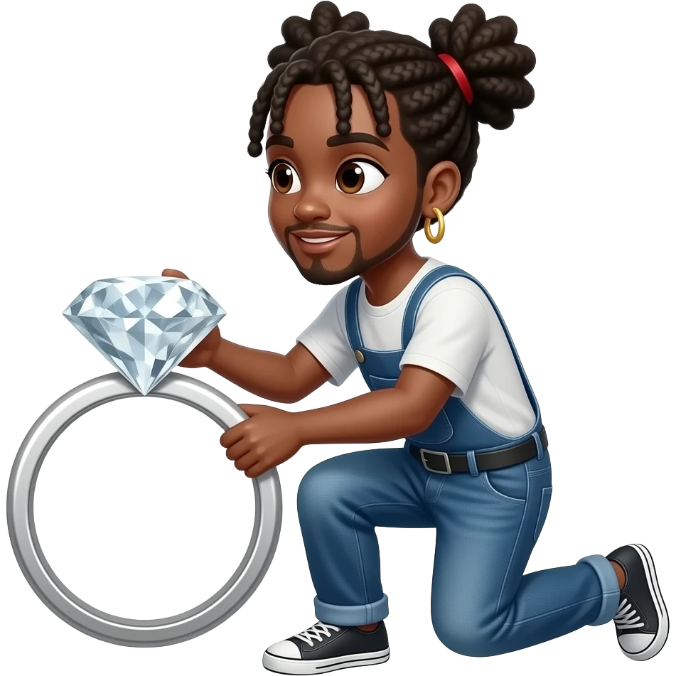 Make black guy with dread bun and heart eyes, gold hoop earrings, bending knee proposing to no one, facing left with large oversized diamond ring emoji