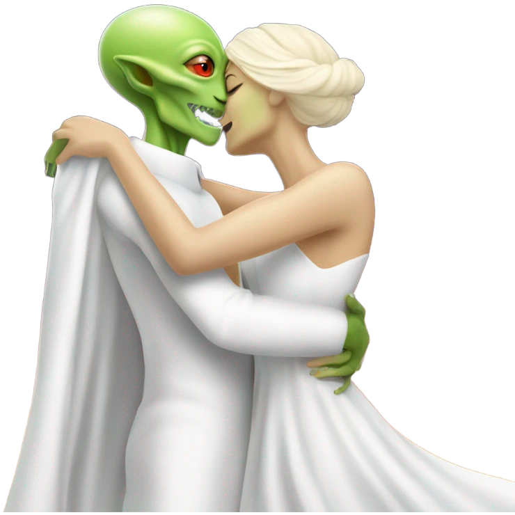 Alien reptilian woman in white dress hugs and kissing White man emoji