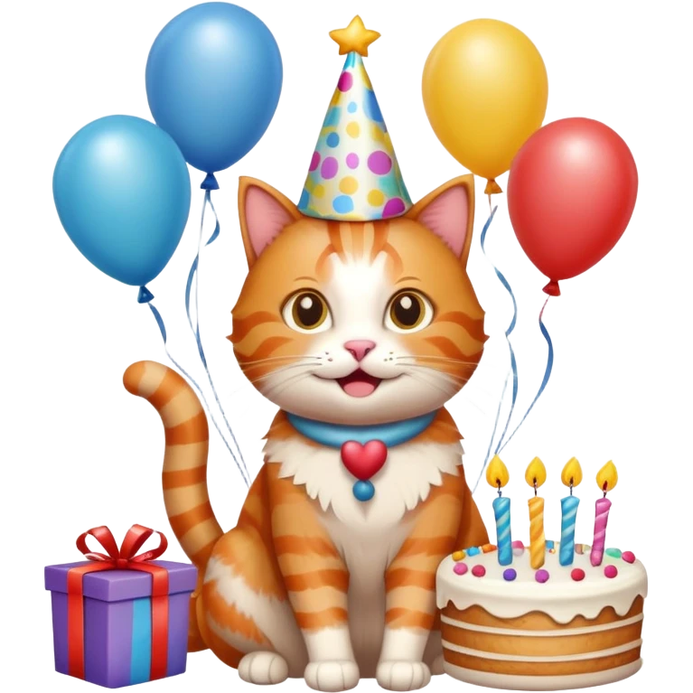 Ginger cat celebrates birthday, birthday hat, birthday cake, balloons, happy, gifts emoji