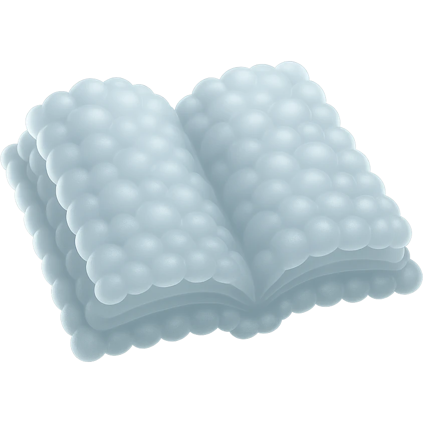 thick open book made entirely of small, very bright white fluffy convex clouds, matte glass style emoji