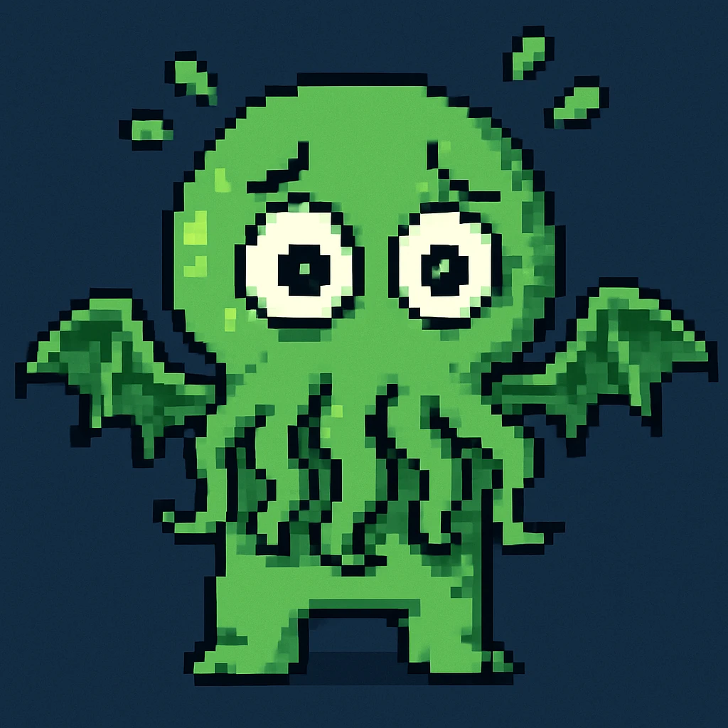 Cthulhu scared, green, pixel art emoji