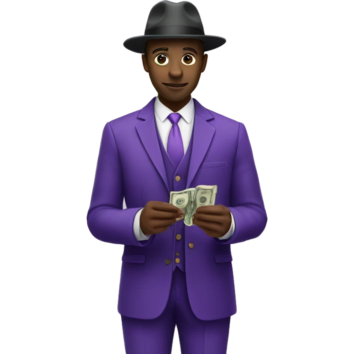 Black man In purple suit and hat counting money emoji