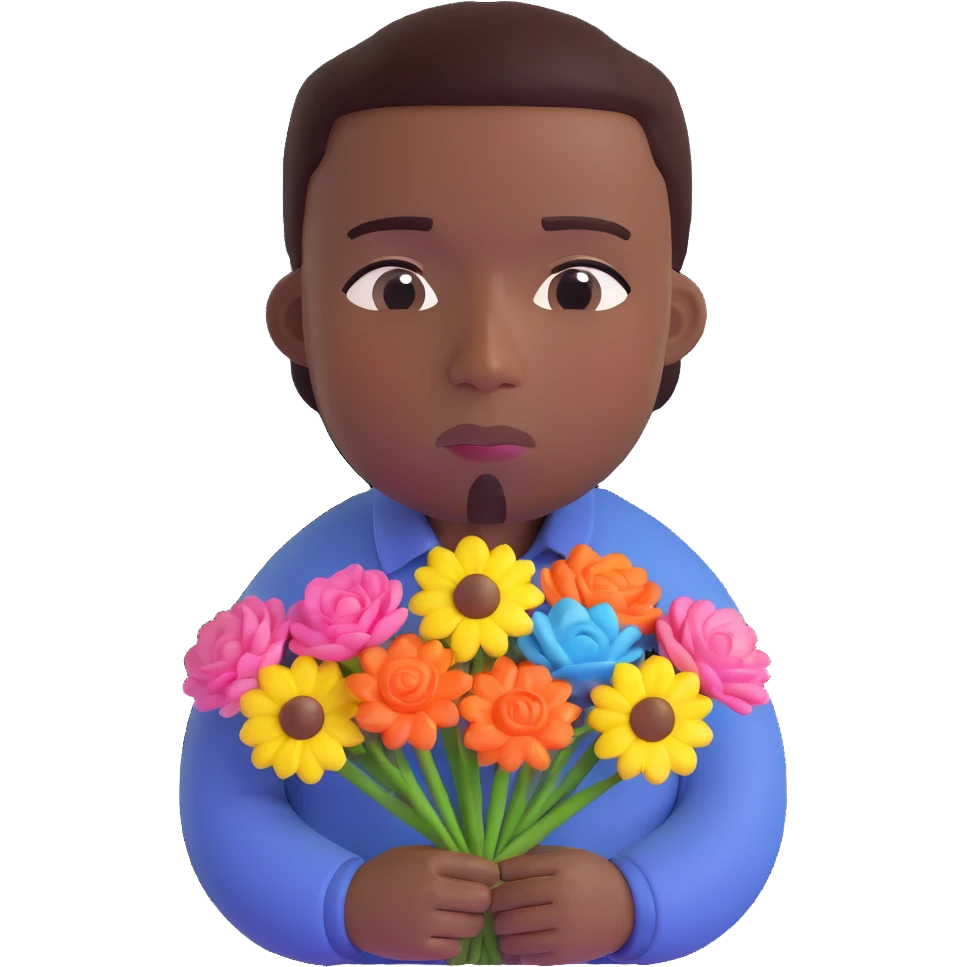 black man looking sad holding flowers and candy emoji