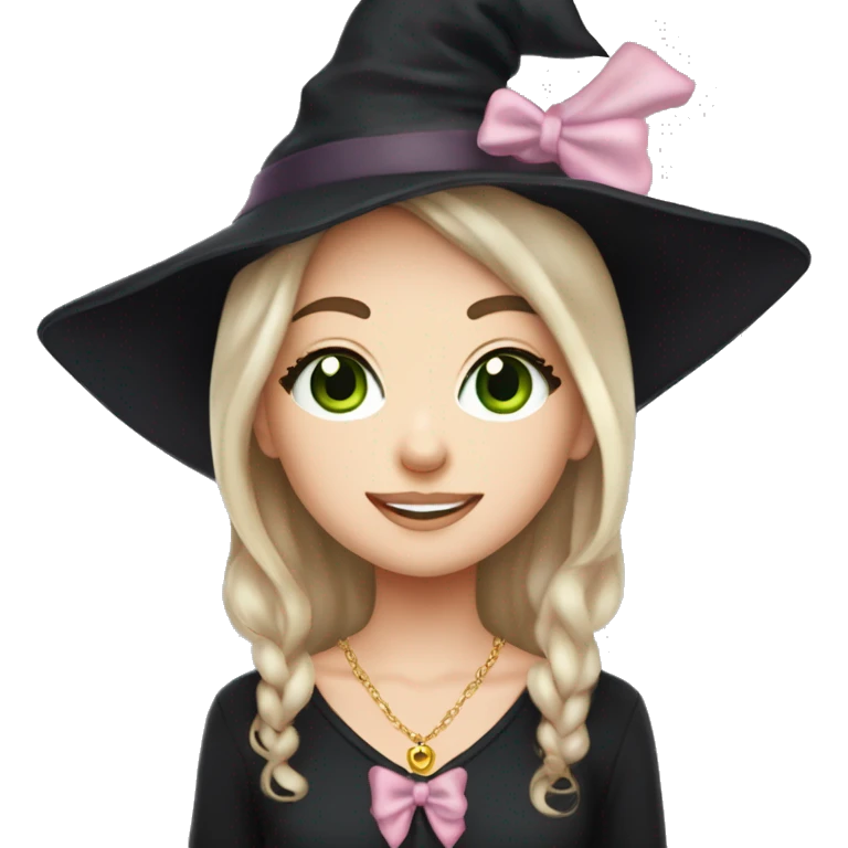 Witchy light brunette haired green eyed light freckles white girl with a witty smile a gold necklace and a black witch hat with a baby pink bow emoji