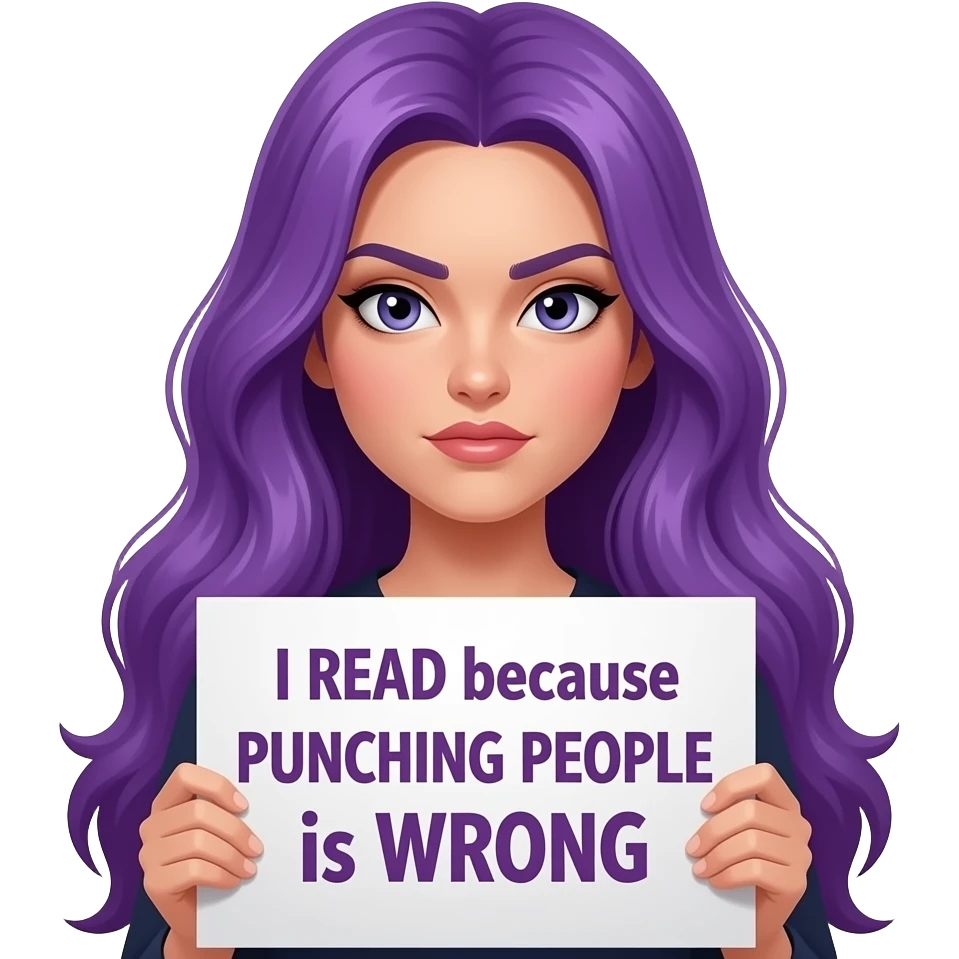 sexy girl with long purple hair holding a I READ because PUNCHING PEOPLE is WRONG sign emoji
