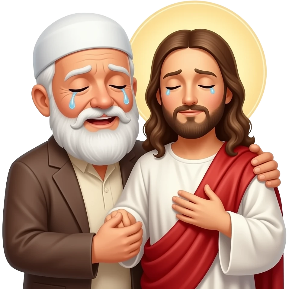пожилой мужчина мусульманин со слезами на глазах обнимет Иисуса emoji