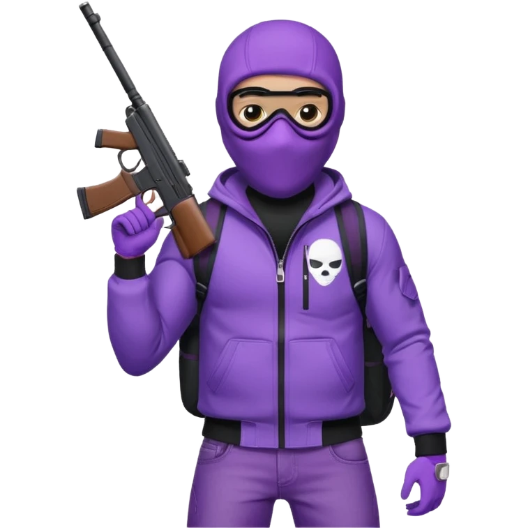 YN wearing a ski mask, holding a gun, purple jeans, Sprayground bookbag, confident stance emoji