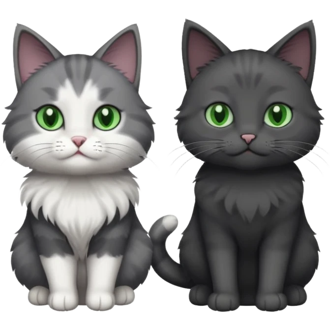 one dark grey and white cat and one completely solid dark grey cat with green eyes and only white paws emoji