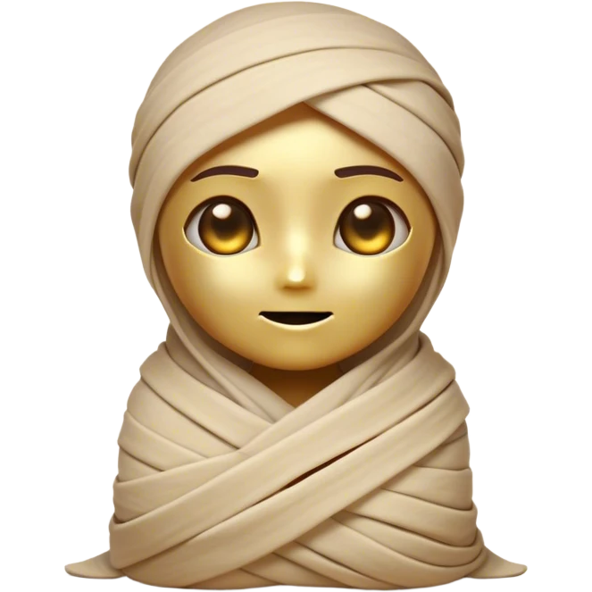 Cinematic Cute Mummy Portrait Emoji, with a delightfully charming, slightly clumsy bandaged form in warm faded tones and subtle hints of gold, featuring wide, curious eyes peeking from the wrappings and a sweet, innocent smile, simplified yet adorably detailed, glowing with a soft, ancient warmth and a gentle outline that captures the playful spirit of an ancient mummy! emoji