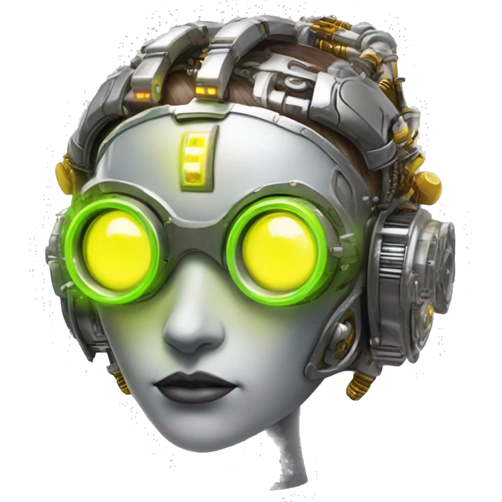 Round faced Caucasian female cyborg head with Neon yellow bobbed hair, silver steampunk goggles and circuits emoji