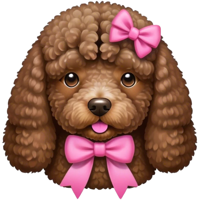 Brown Spanish water dog sitting with a pink bow emoji