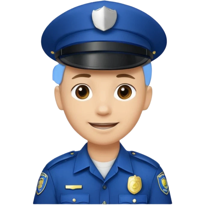 This is a cartoon-style avatar of a police officer with light skin, wearing a dark blue cap featuring a silver badge, and showing a smile expression. emoji