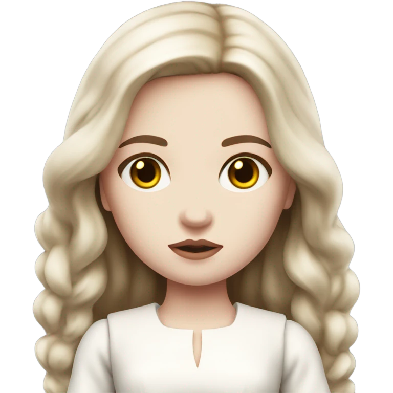 Doll with brown straight hair, wearing a white dress and a serious expression. She has pale skin and a classic porcelain doll appearance, looking terrifying. emoji