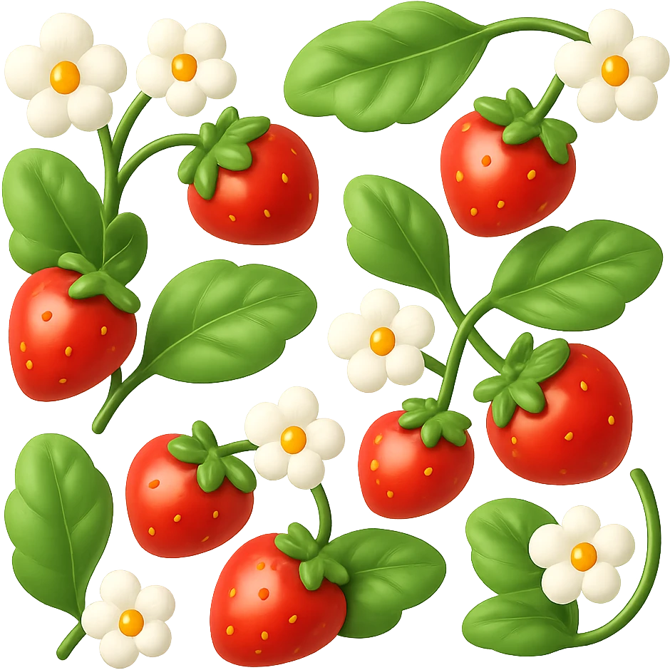 Redraw the pattern with strawberries, leaves, and flowers in a modern iOS 3D style featuring bright colors, soft shadows, glossy highlights, realistic 3D form, smooth gradients, and a contemporary look. Remove the background. emoji