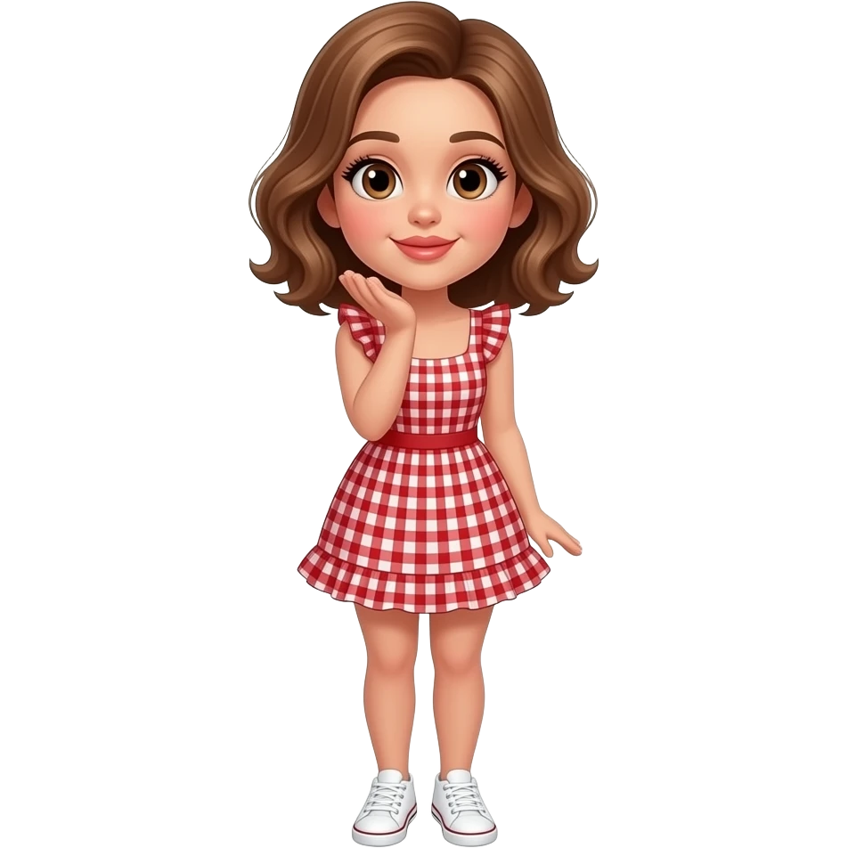 glamours,-tanned,-very-beautiful-girl,-with-big-pump-peach-beige-rose-lips,-long-long-lashes,-honey-silky-very short- hair,-wavy-hair,-hazel-eyes- wearing- red-gingham-frill - dress- white-sneakers-smiling-and-blowing-a-kiss-from-hand-full-body emoji